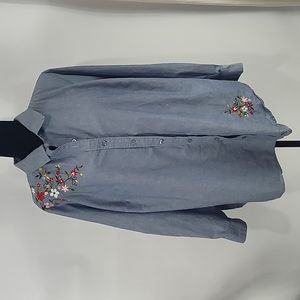 Woman Within Floral Embroidered Button Shirt
